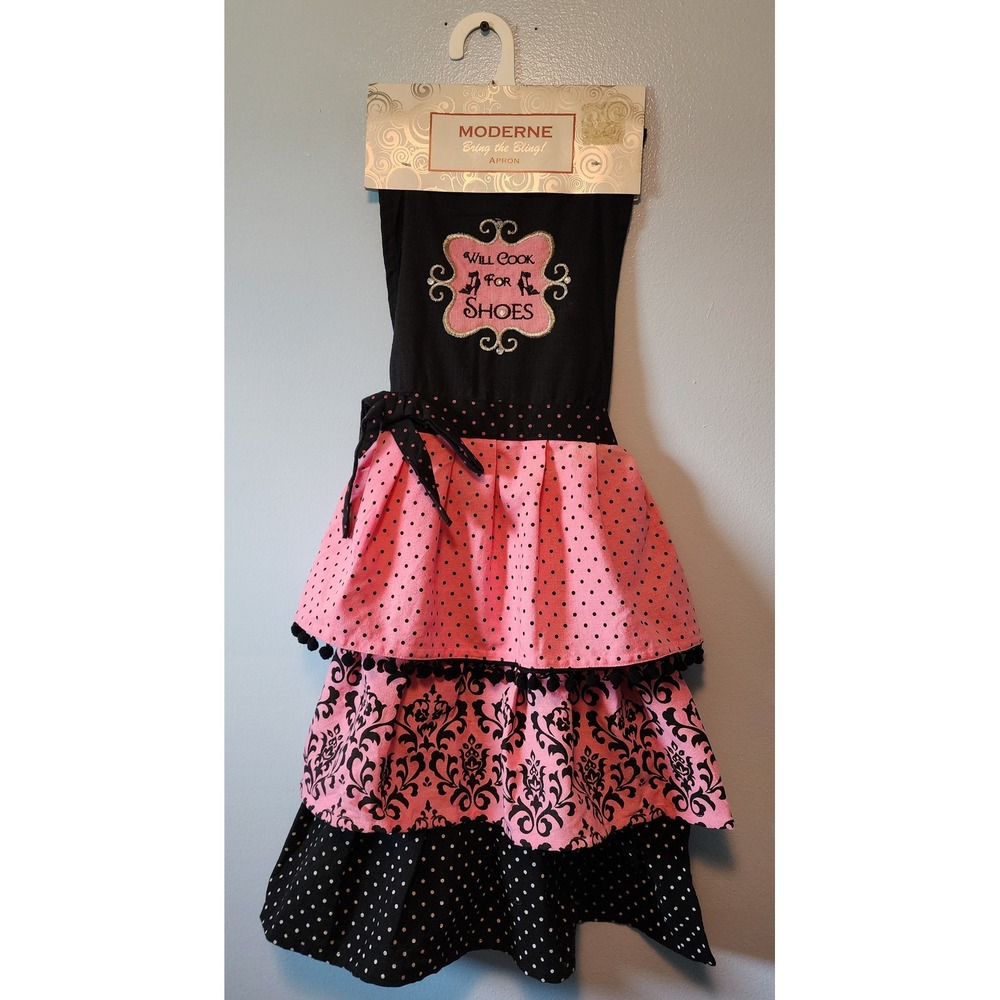 Moderne Apron Pink Black Will Cook For Shoes Ruffle Rhinestone NOS Bling 2014